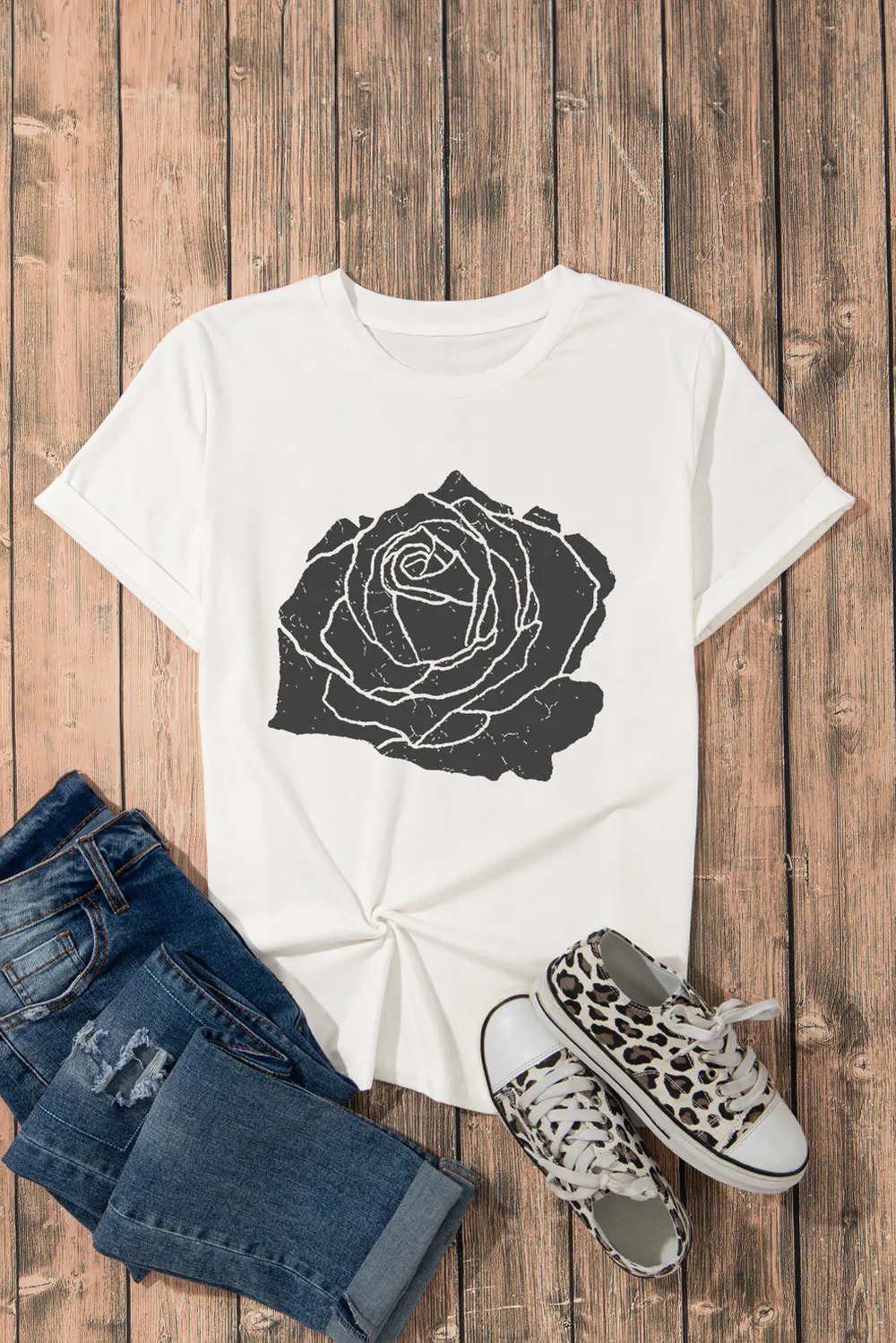 Rose Graphic Round Neck Short Sleeve T-Shirt, image 5