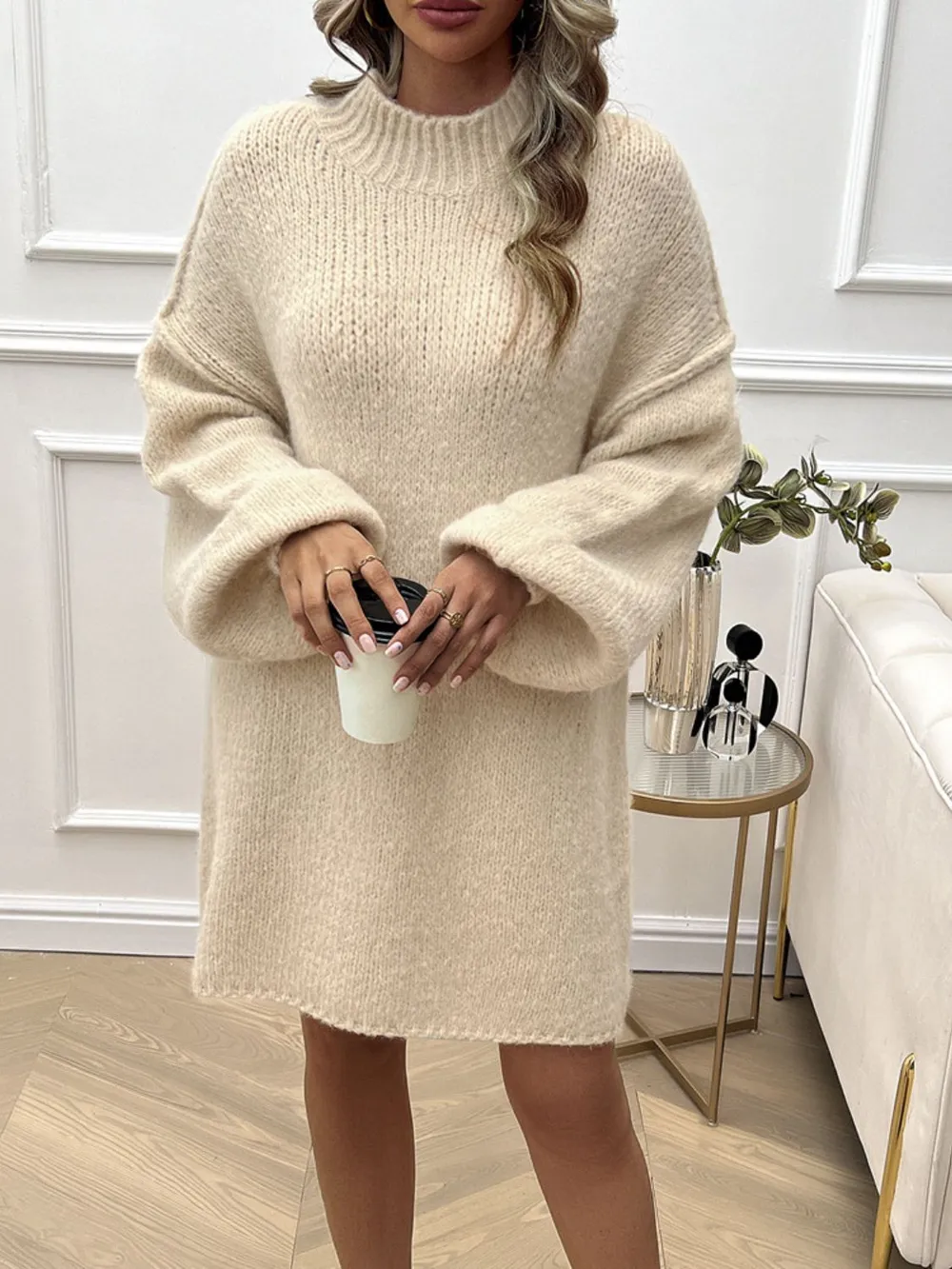 Mock Neck Long Sleeve Mini Sweater Dress, image 3