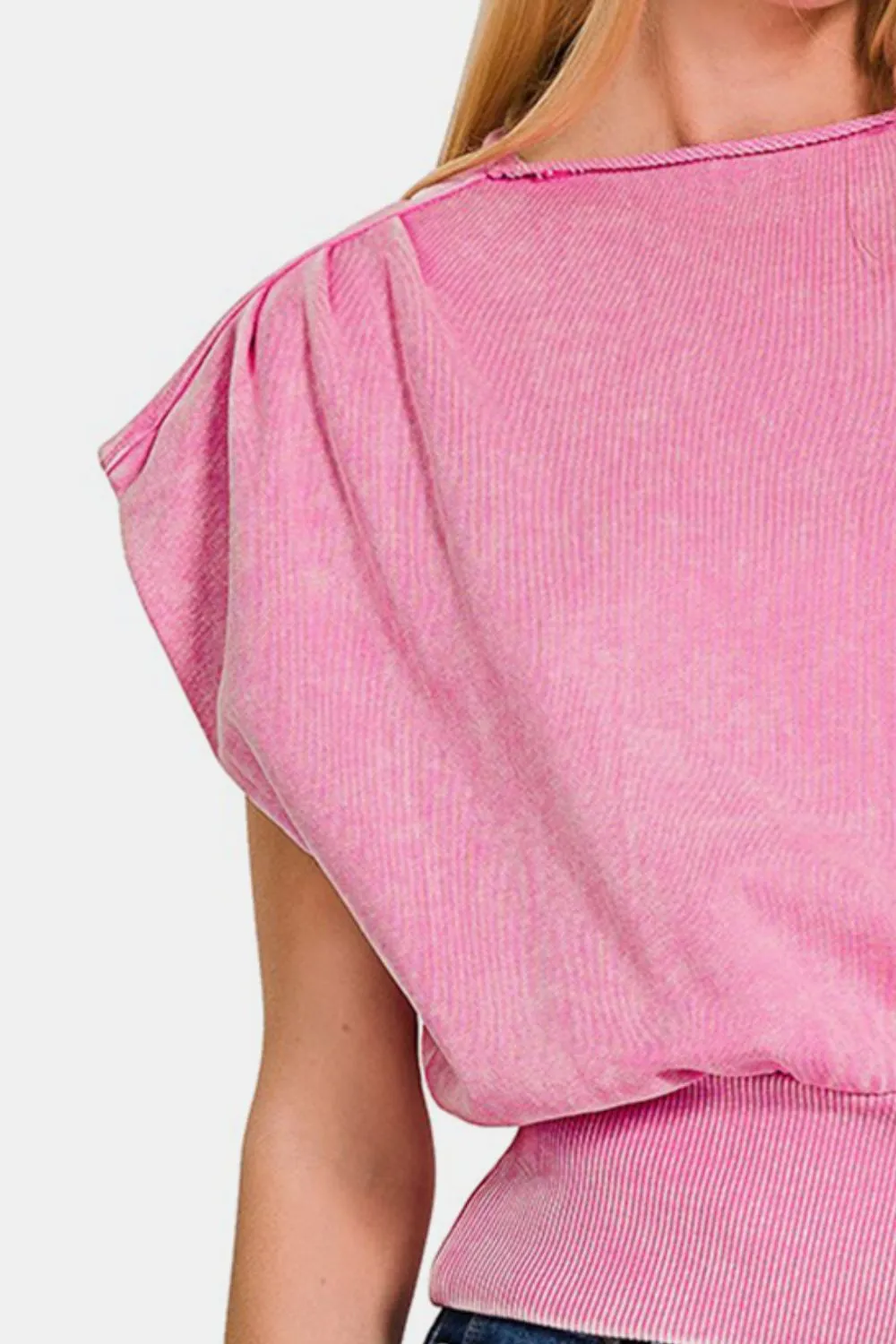 Washed Boat Neck Bottom Banded Dolman Sleeve Top, image 3