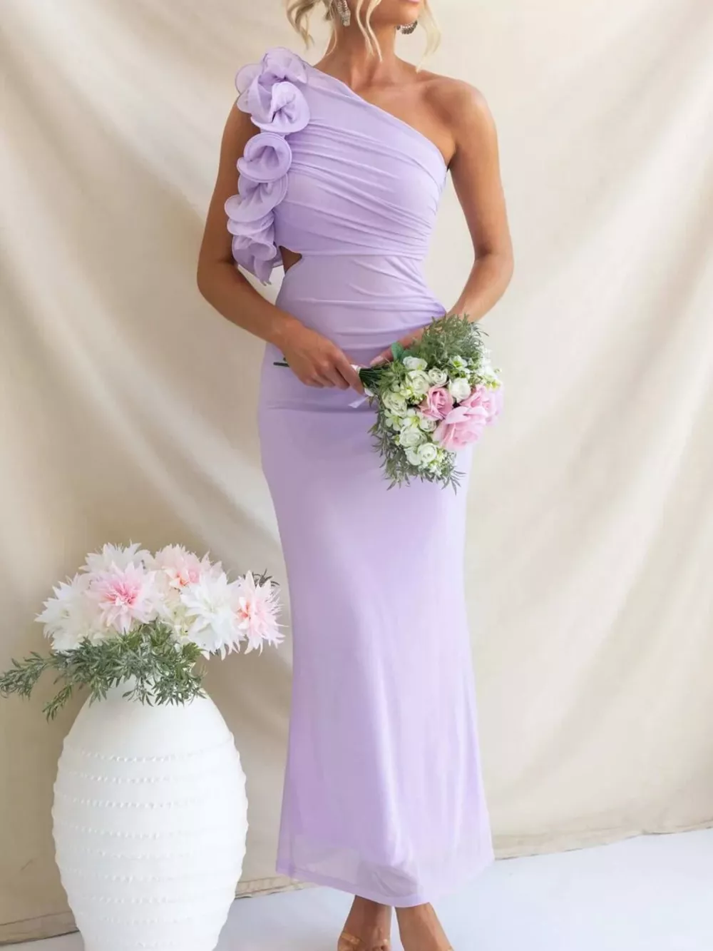 One-Shoulder Floral Trim Sleeveless Maxi Dress, image 25