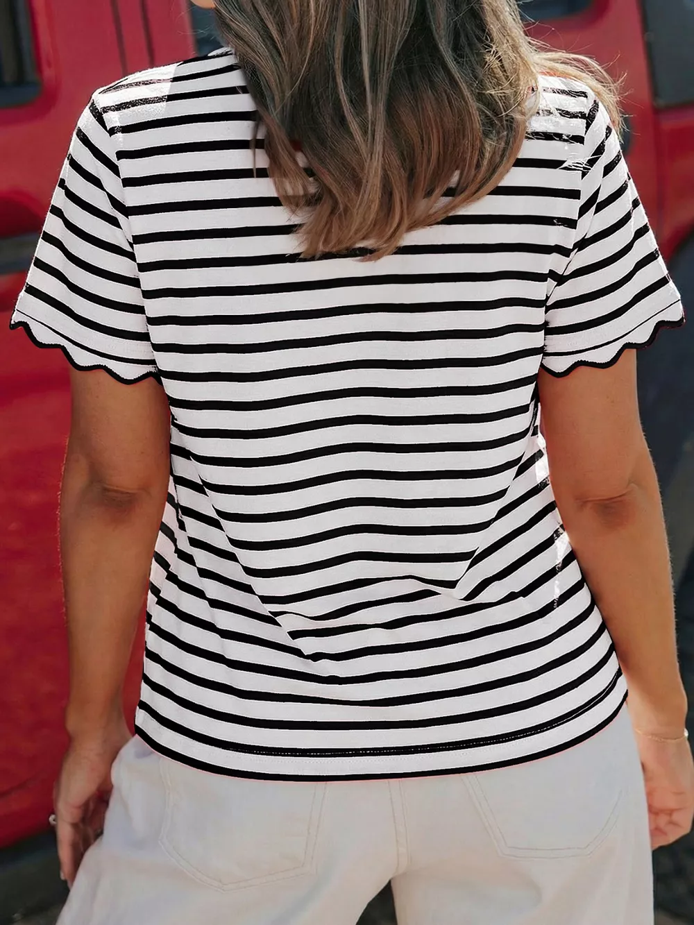 Striped Scallop-Trimmed Round Neck T-Shirt, image 5
