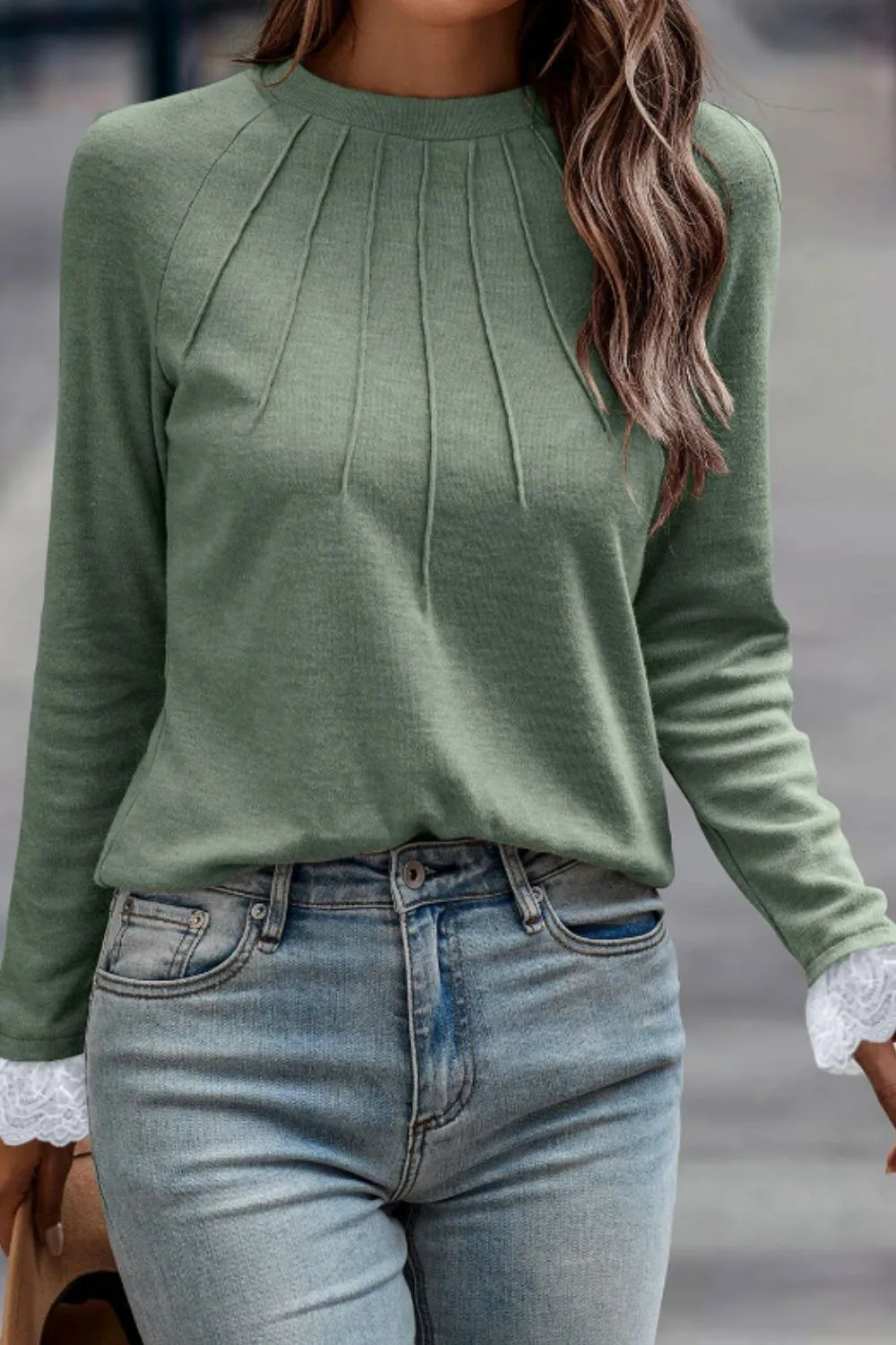 Lace Detail Round Neck Long Sleeve T-Shirt, image 7