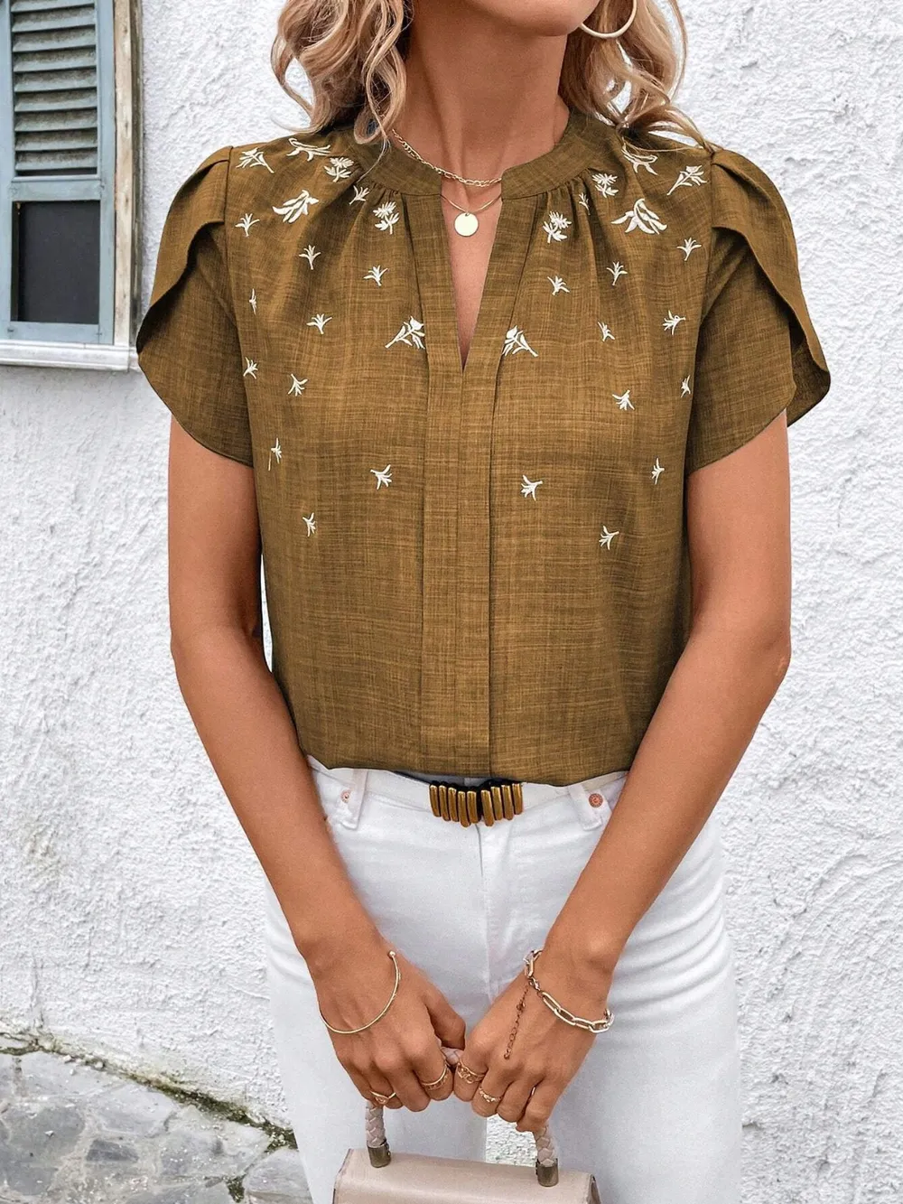 Floral Notched Short Sleeve Blouse, image 18
