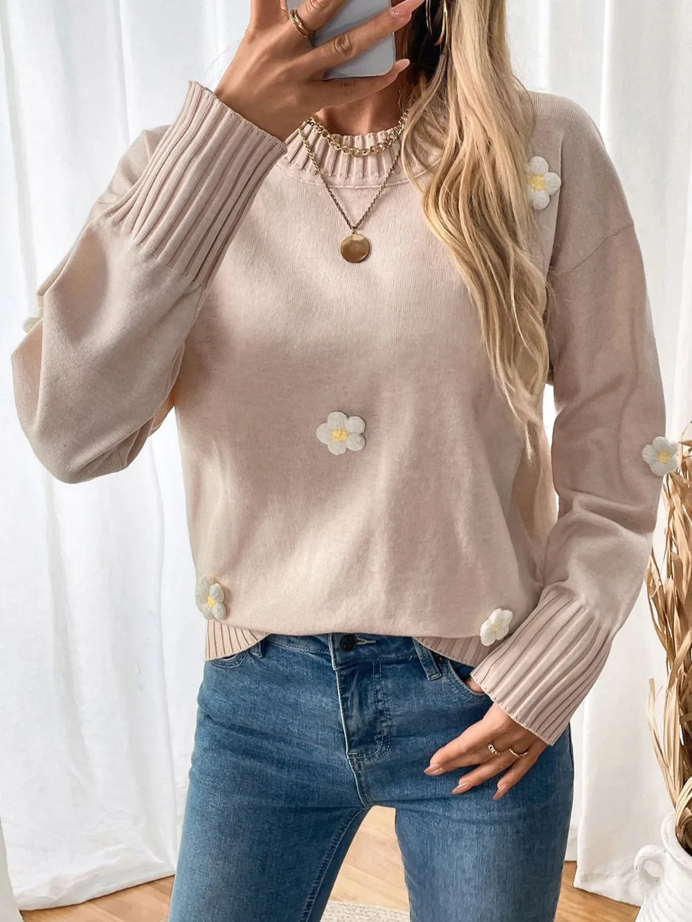 Flower Round Neck Long Sleeve Sweater, image 5