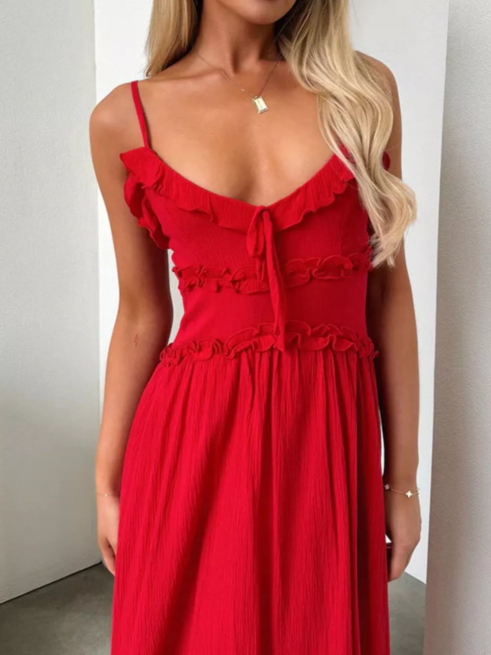 Ruffled Trimmed Spaghetti Strap Midi Dress, image 7