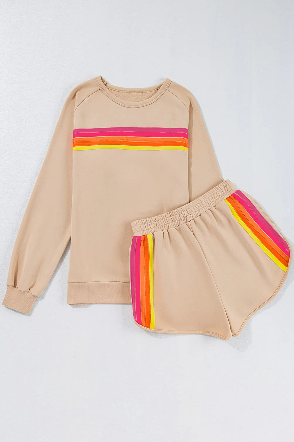 Full Size Contrast Striped Round Neck Top and Shorts Set, image 10