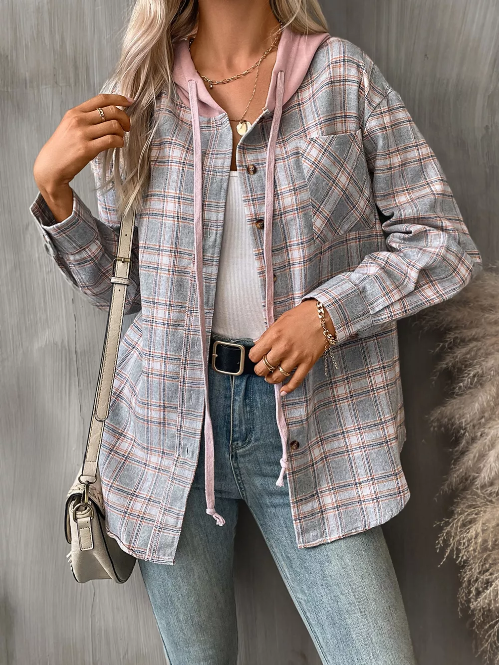 Plaid Button-Up Hooded Shirt with Chest Pocket, image 22