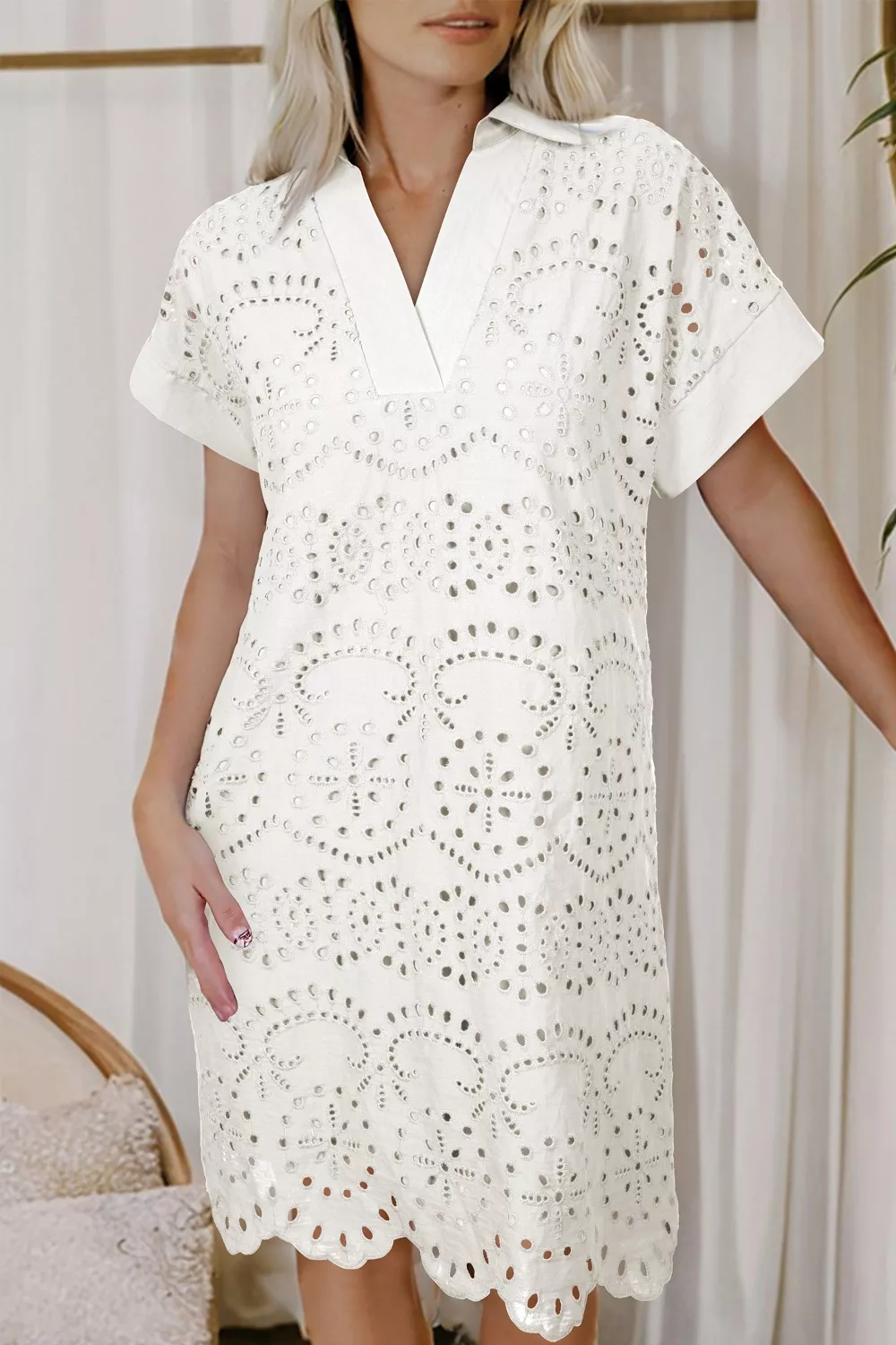 Solid Color Eyelet Embroidered T Shirt Mini Dress, image 2