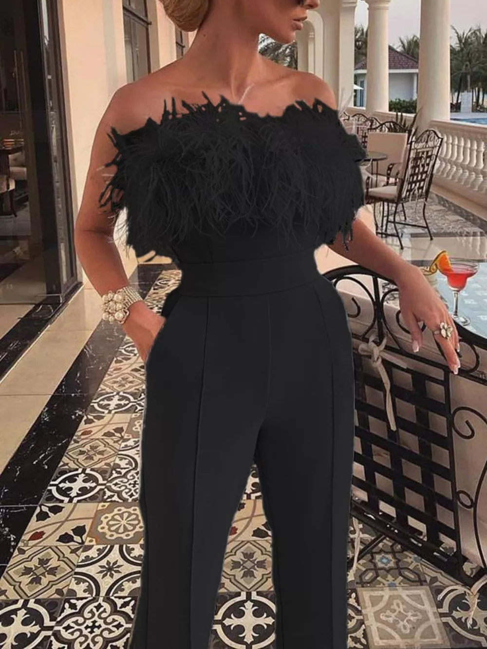 Feather Trim Strapless Wide-Leg Jumpsuit, image 6