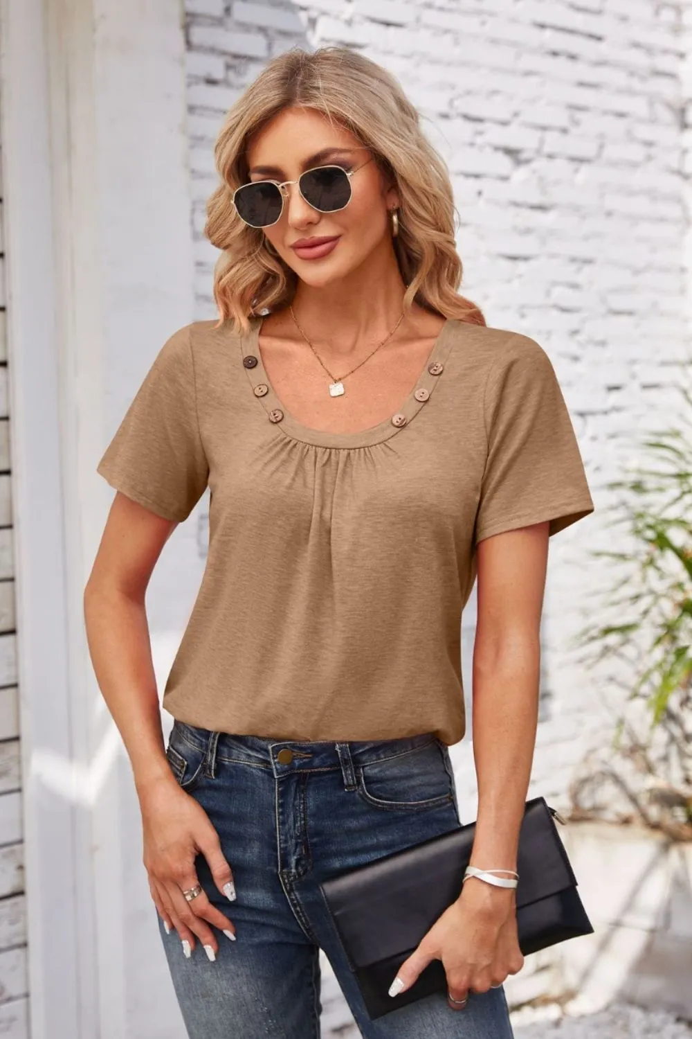 Decorative Button Scoop Neck T-Shirt, image 22