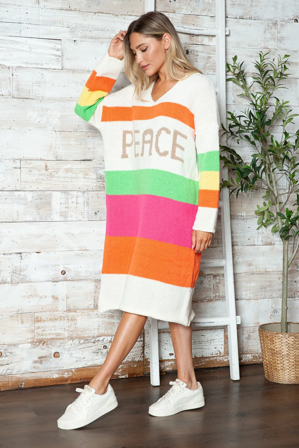 Color Block V-Neck Long Sleeve Sweater Dress, image 20
