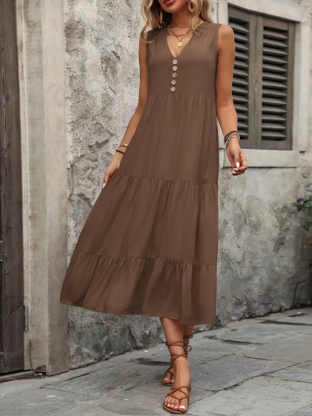 Decorative Button Notched Sleeveless Dress, image 20