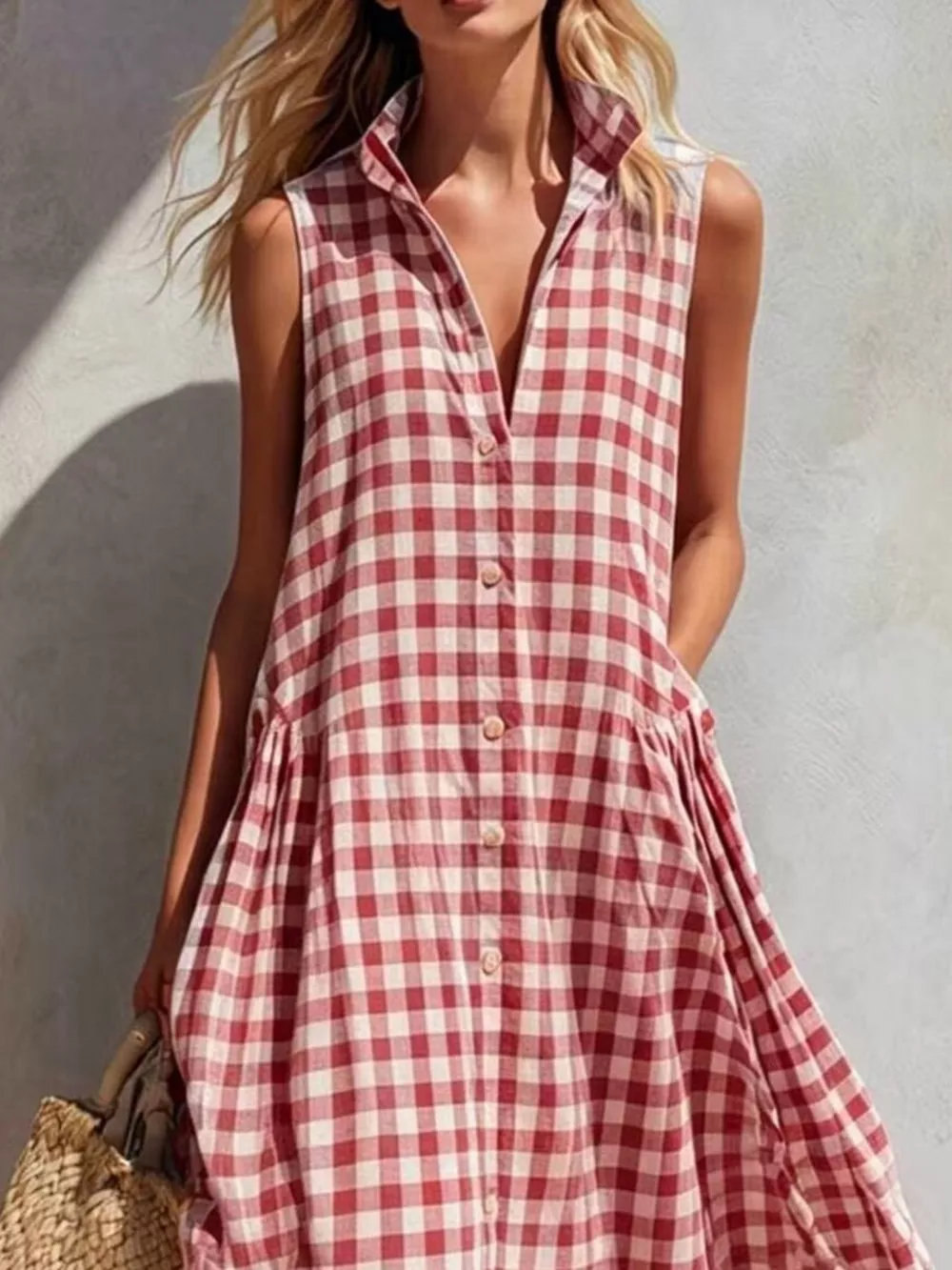 Full Size Sleeveless Gingham Button-Down Midi Dress Plus Size, image 4