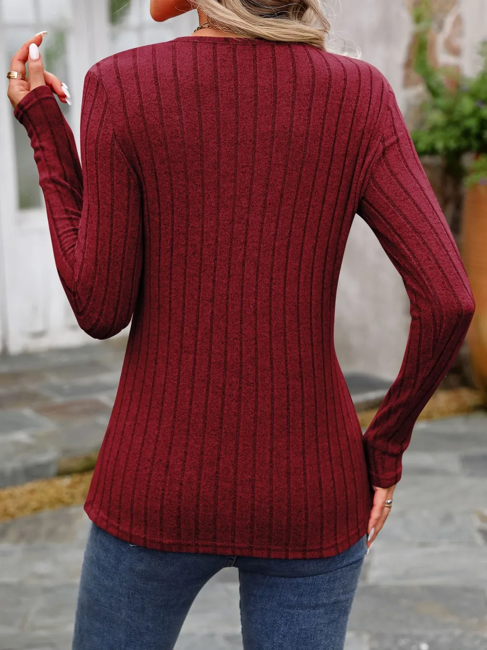 Decorative Button Round Neck Long Sleeve T-Shirt, image 23