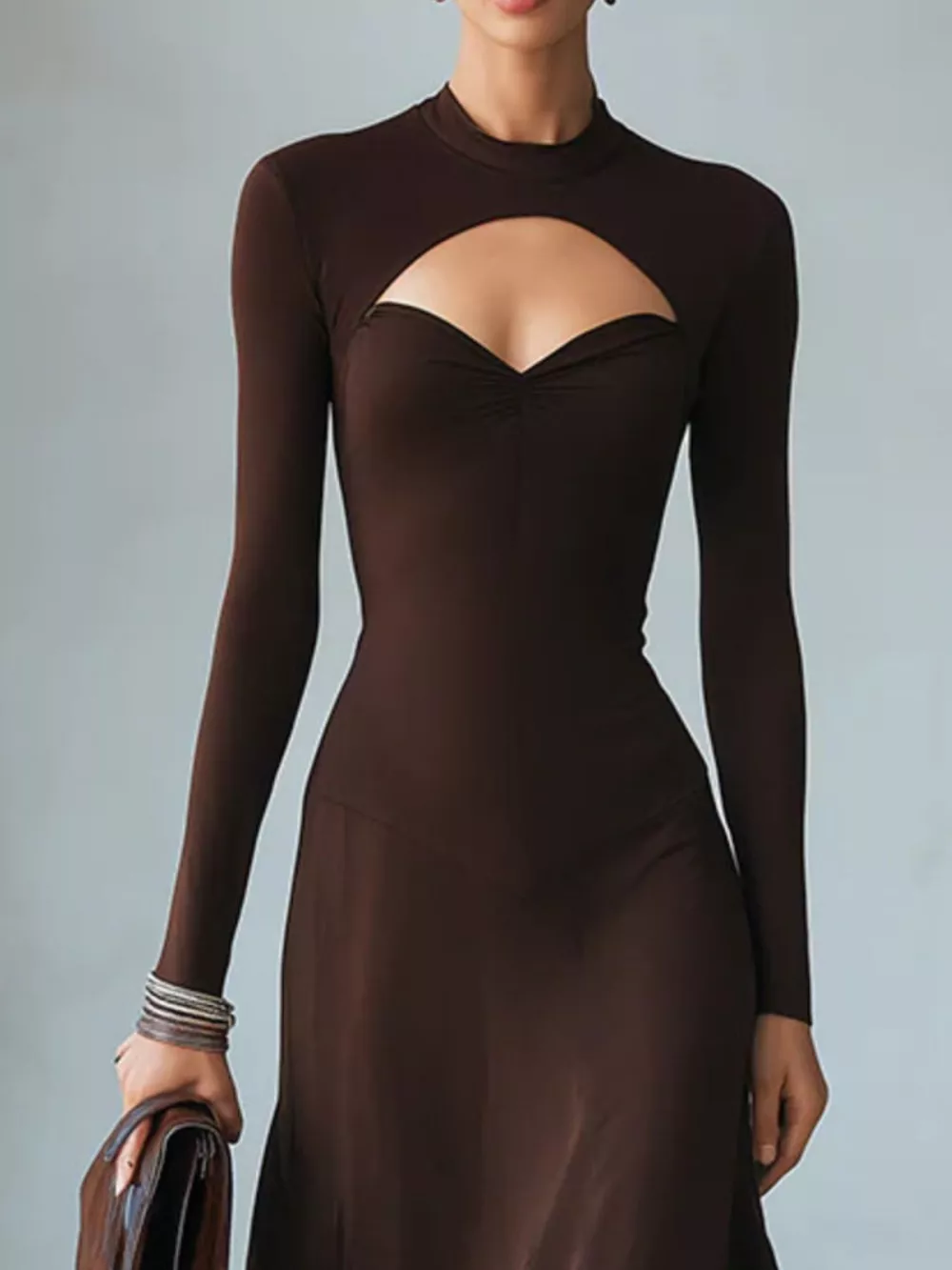 Full Size Mock Neck Cut-Out Long Sleeve Midi Dress Plus Size, image 3