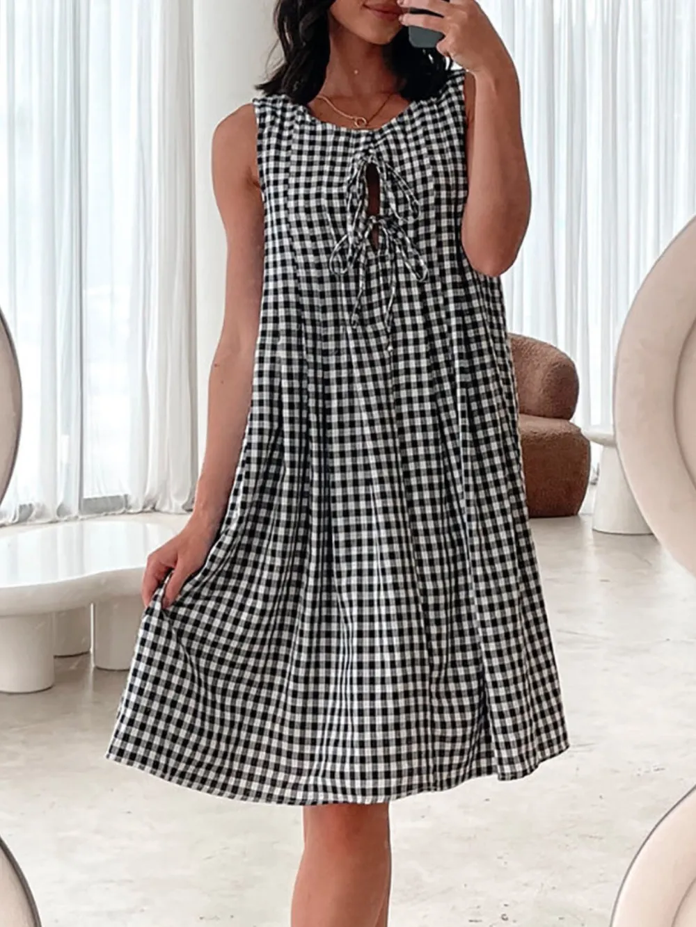 Tied Front Sleeveless Plaid Dress, image 7