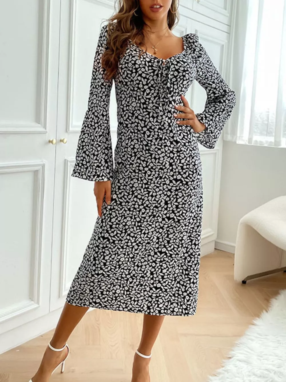 Printed Tie Flare Sleeve Midi Dress, image 3