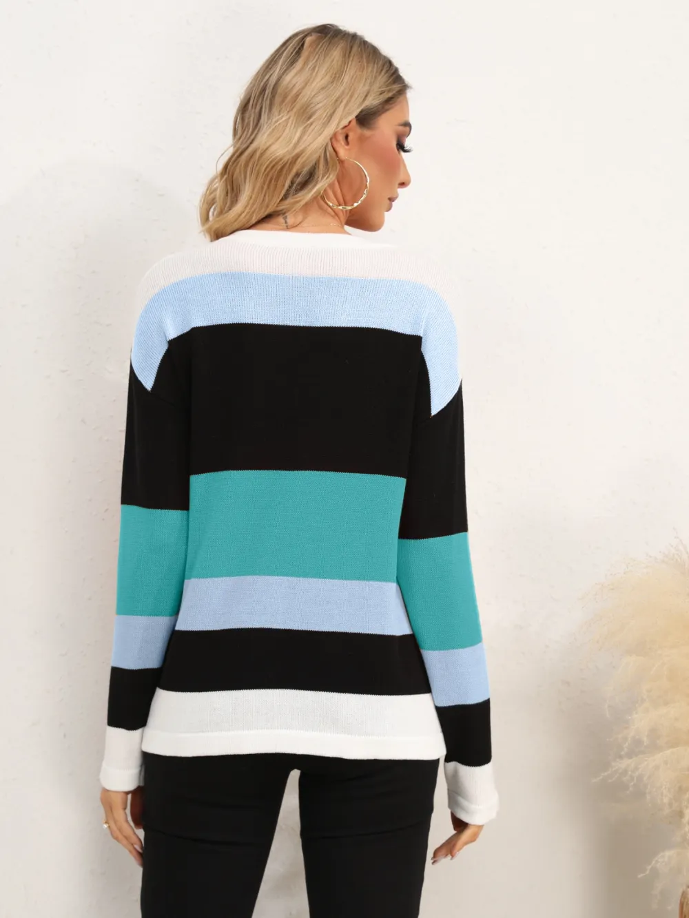 Striped Round Neck Dropped Shoulder Sweater, image 15