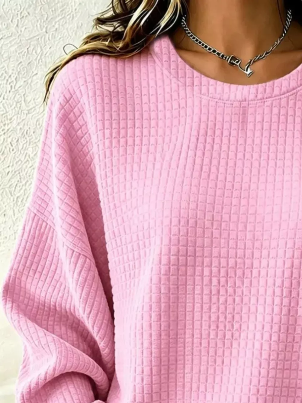 Full Size Waffle Knit Long Sleeve Crew Neck Sweatshirt Plus Size, image 3