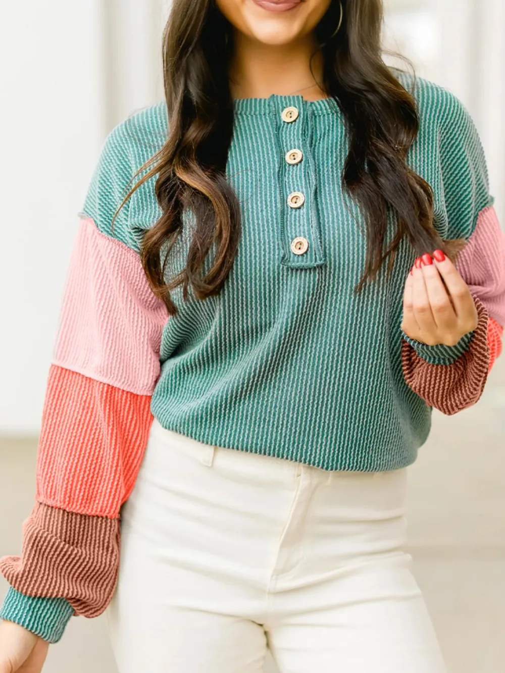 Color Block Ribbed Knit Henley Sweatshirt, image 4