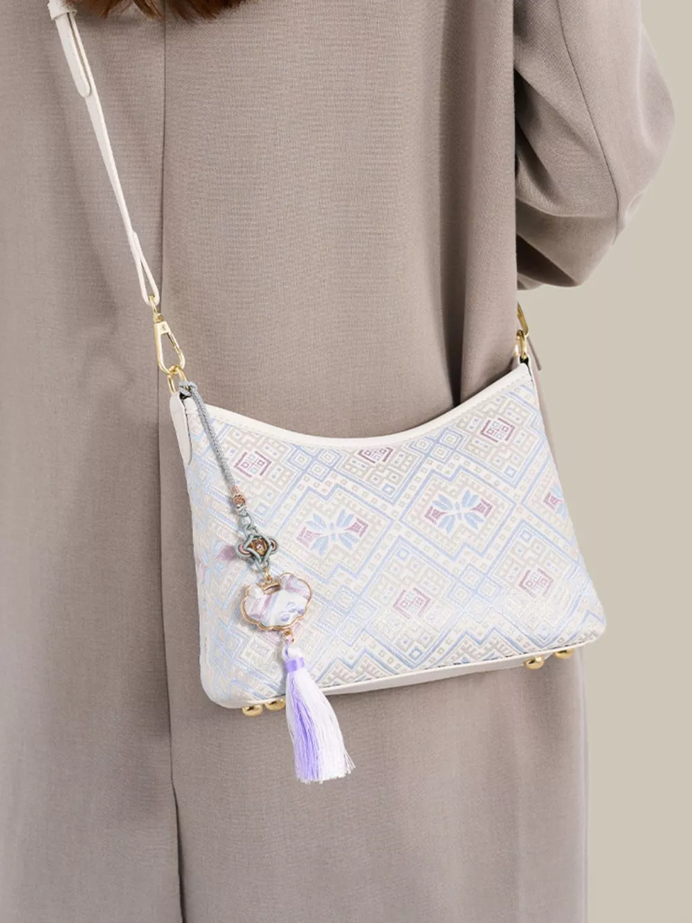 Geometric Pattern Jacquard Crossbody Bag with Tassel Charm, image 2