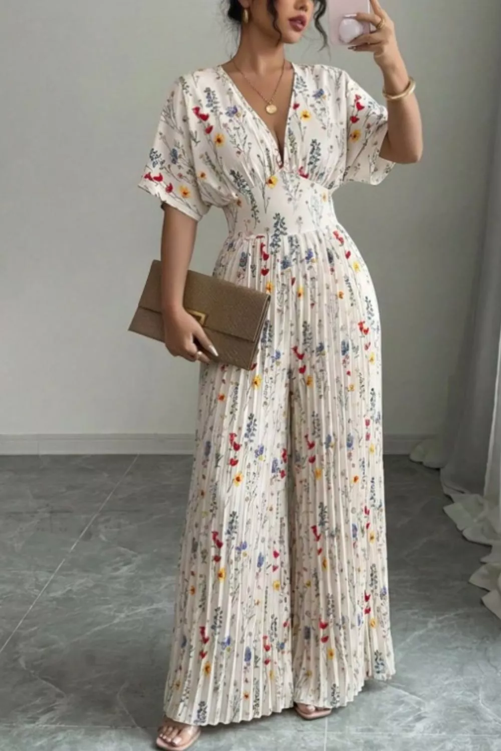 Floral Print Wide Leg Pleated Jumpsuit, image 2