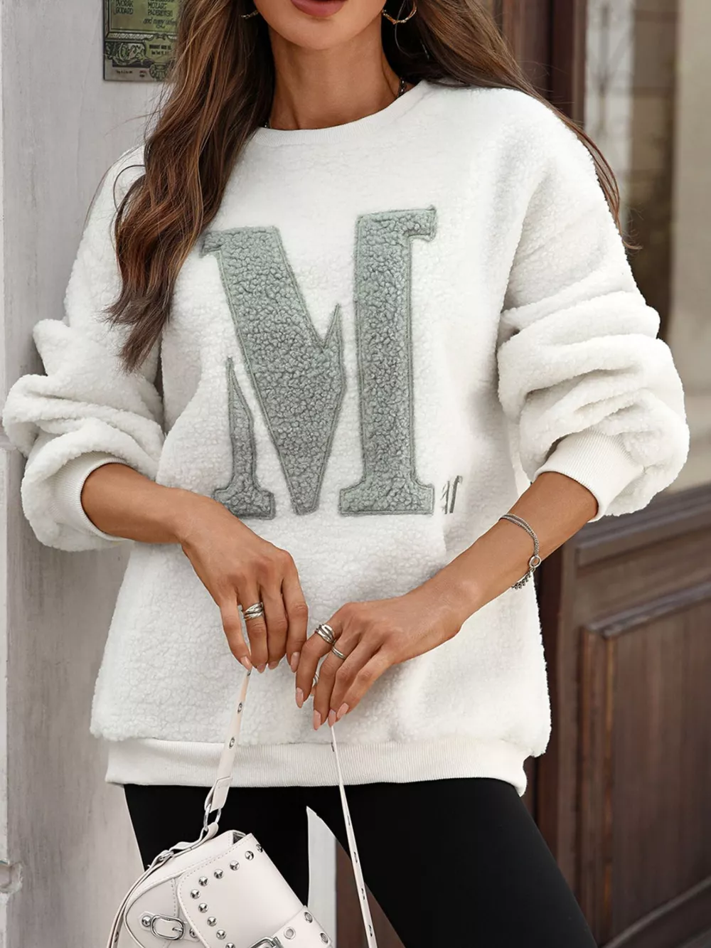 Letter Round Neck Fleece Sweatshirt, image 4