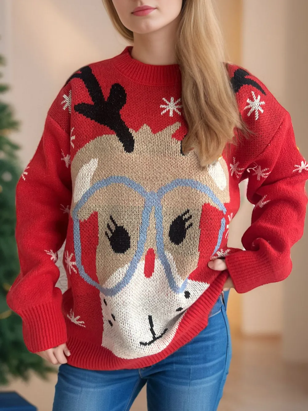 Reindeer Round Neck Dropped Shoulder Sweater, image 4