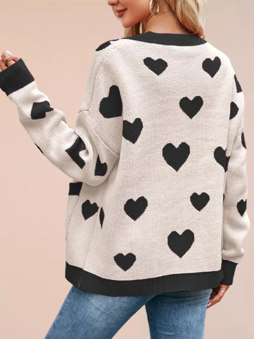 Heart Pattern V-Neck Button-Down Knit Cardigan, image 12