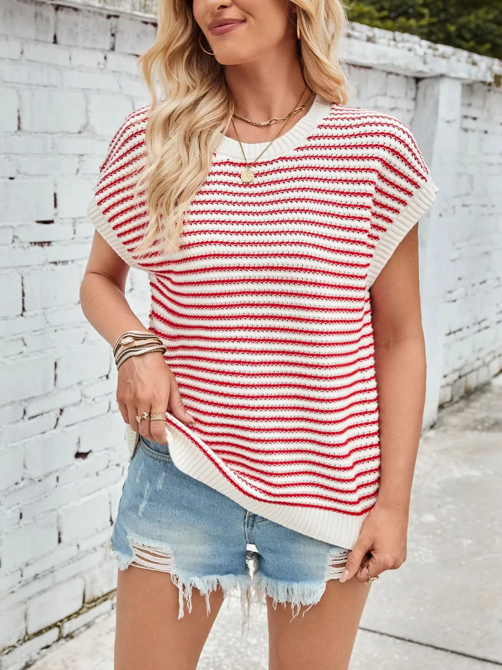 Striped Round Neck Cap Sleeve Sweater, image 19