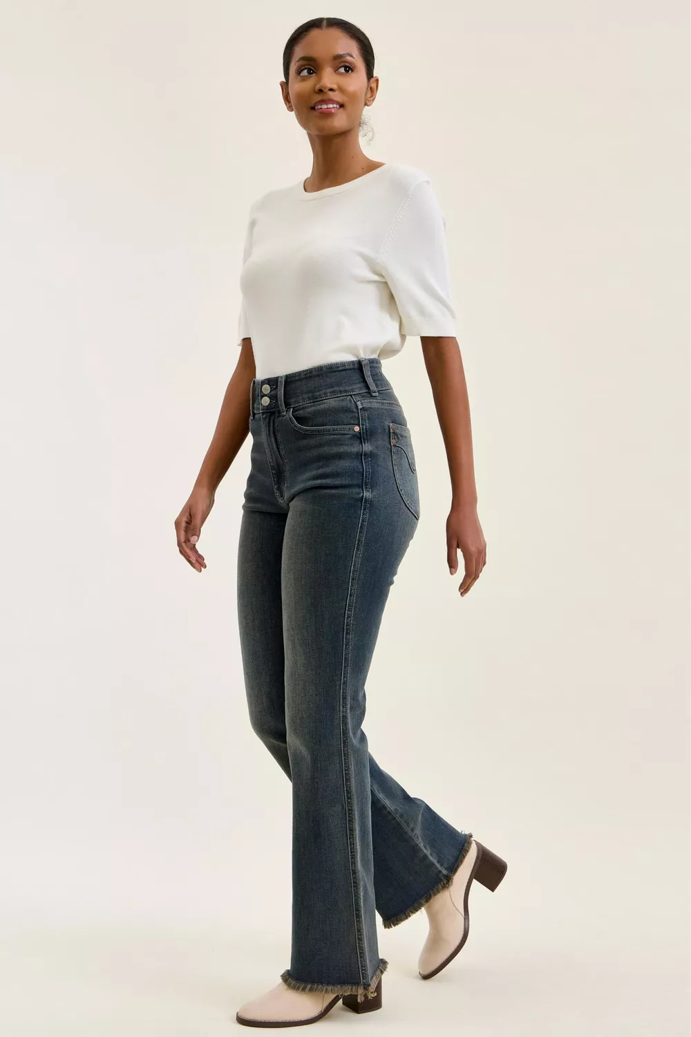 High Waist Double Button Frayed Hem Jeans, image 8