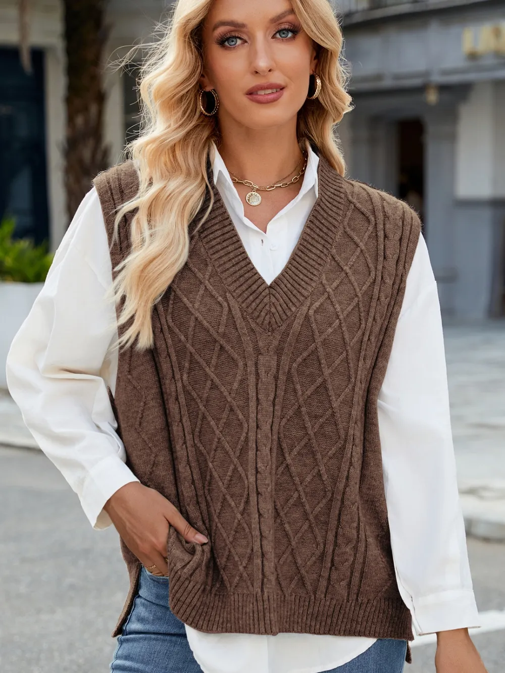 Cable Knit V-Neck Sweater Vest, image 12