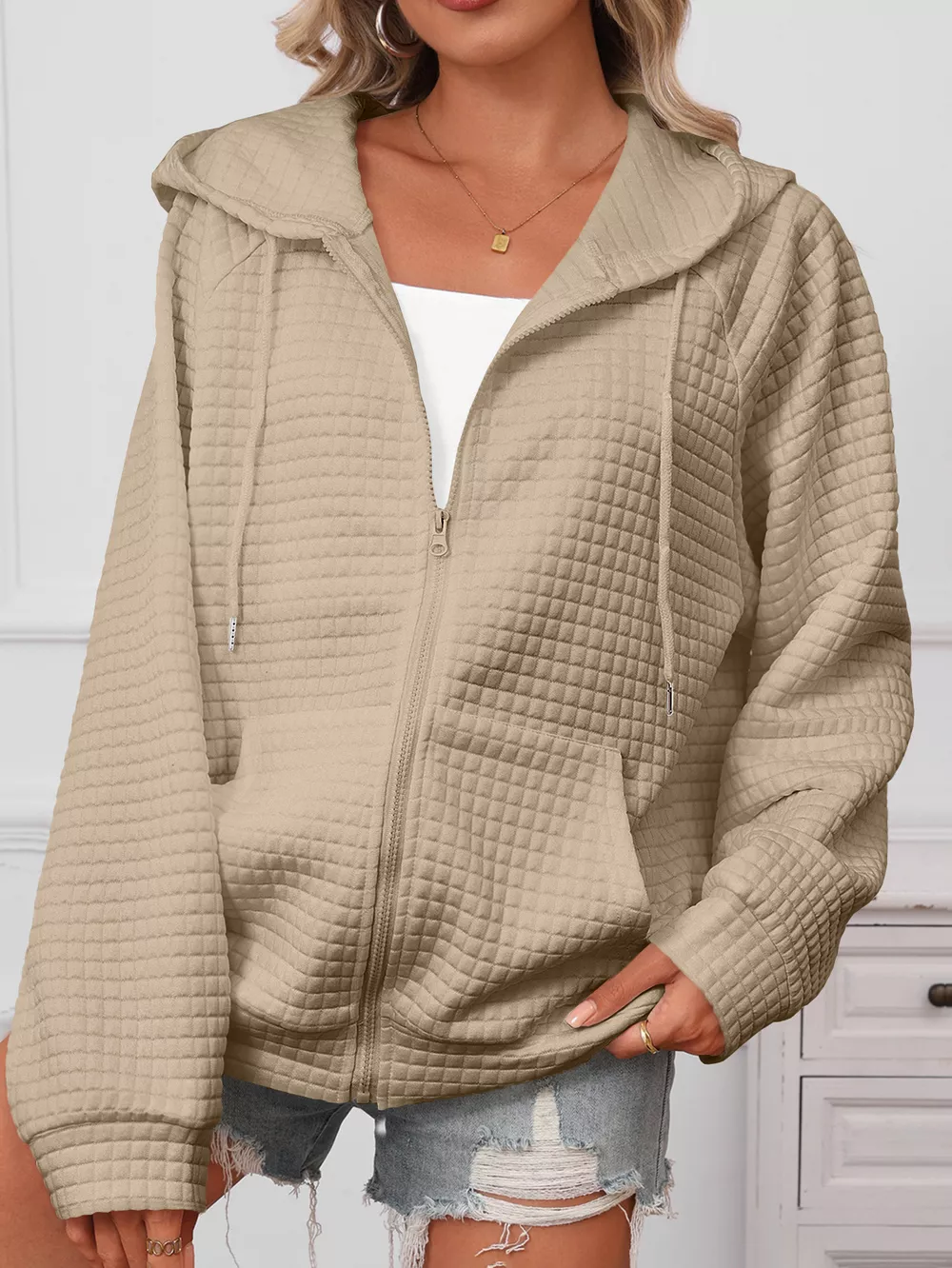 Full Size Textured Quilted Zip-Up Hooded Jacket Plus Size, image 6