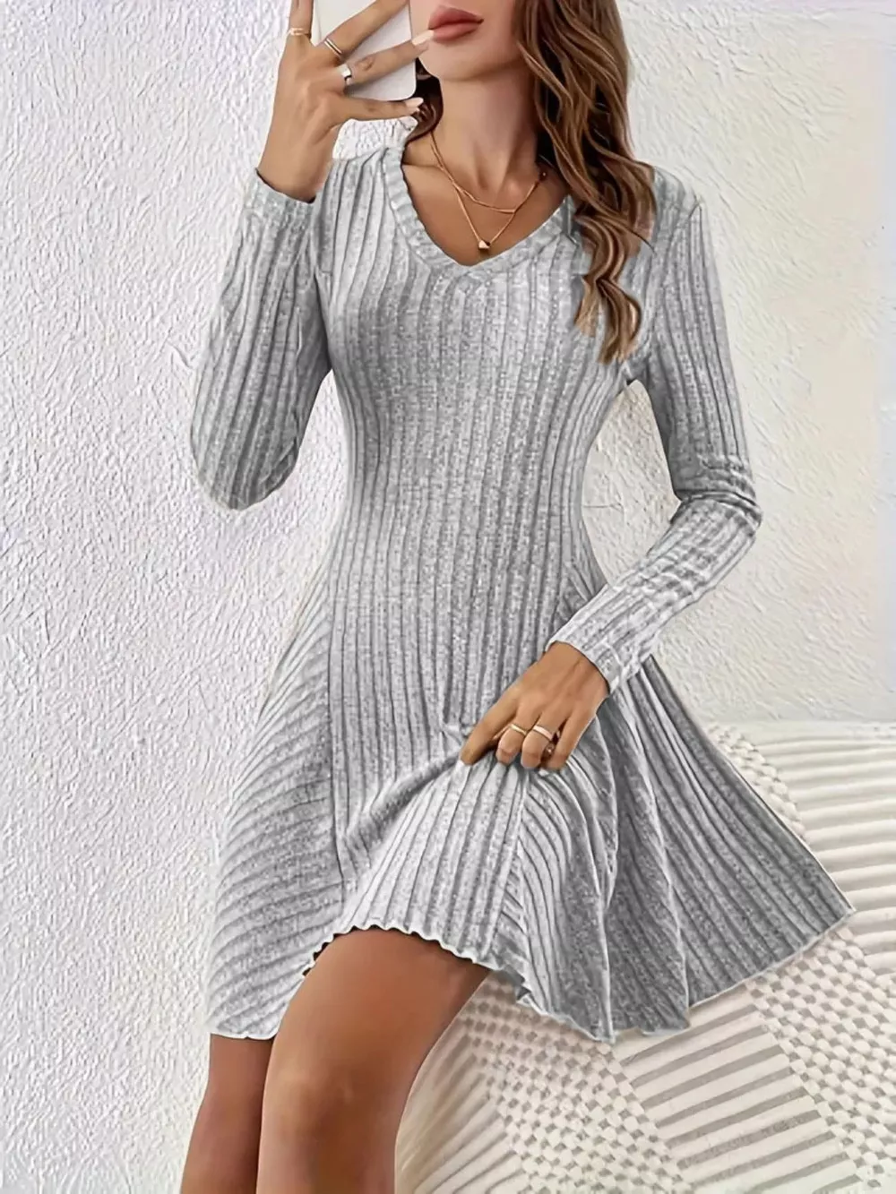 Ribbed Knit Long Sleeve A-Line Dress, image 6