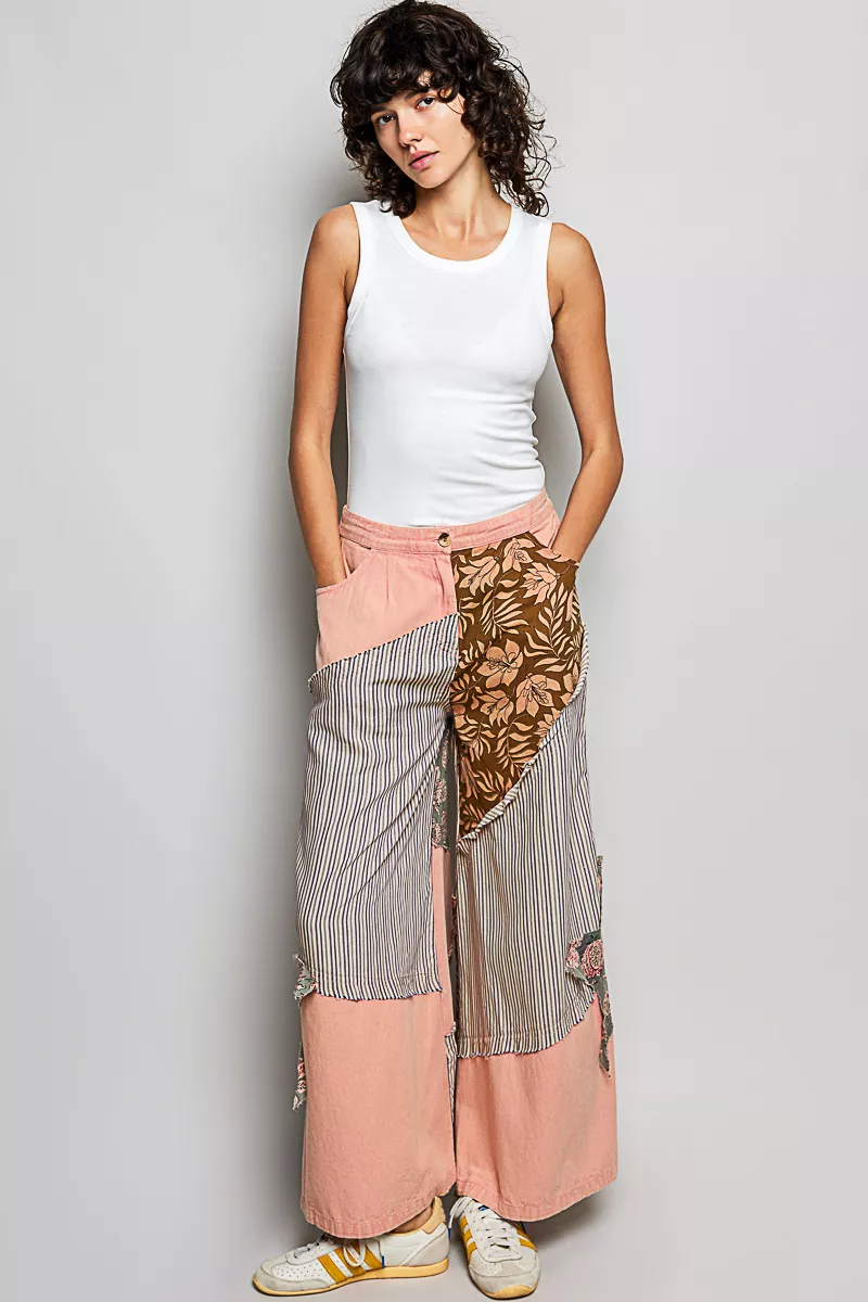 Striped Floral Patchwork Wide leg Pants with Side Big Star Patch, image 4