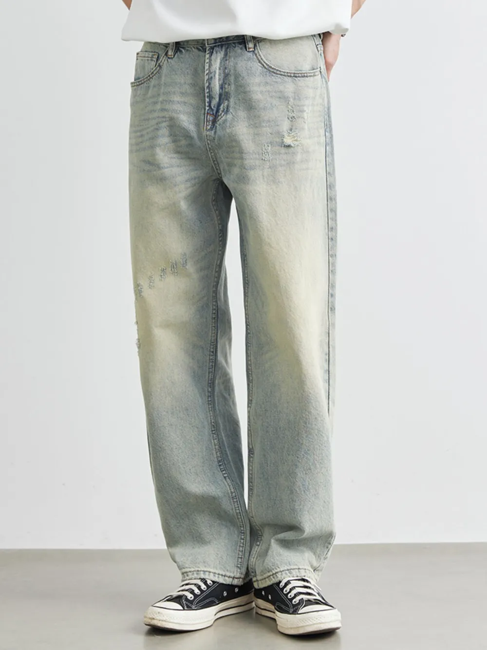 Men's Distressed Wash Wide Leg Jeans, image 4