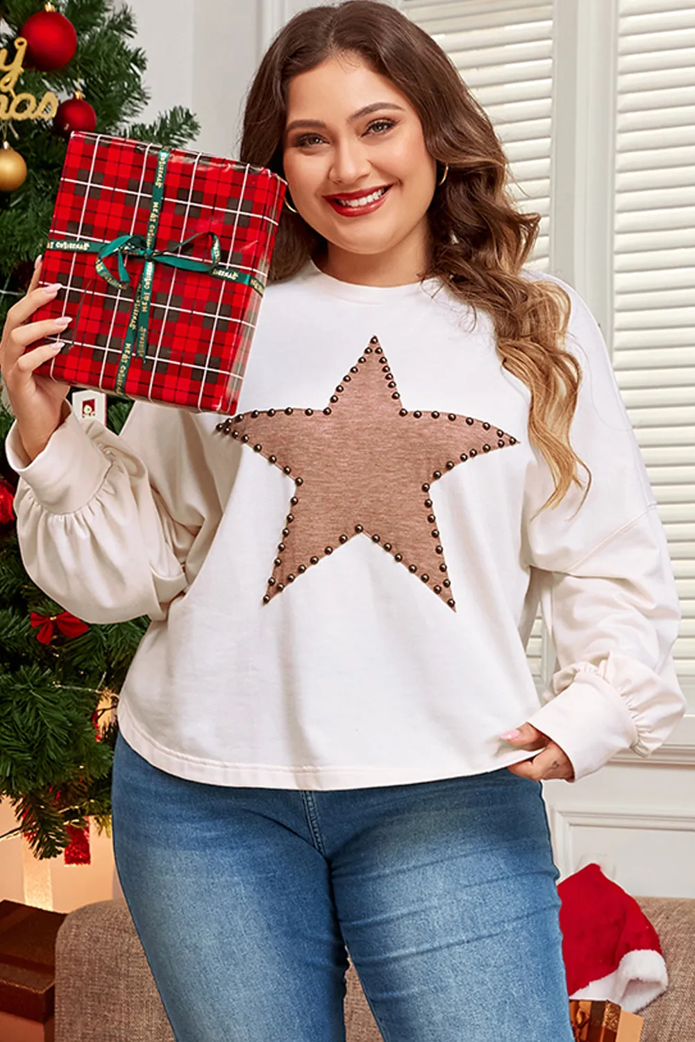 Plus Size Studded Star Round Neck Long Sleeve Blouse, image 3