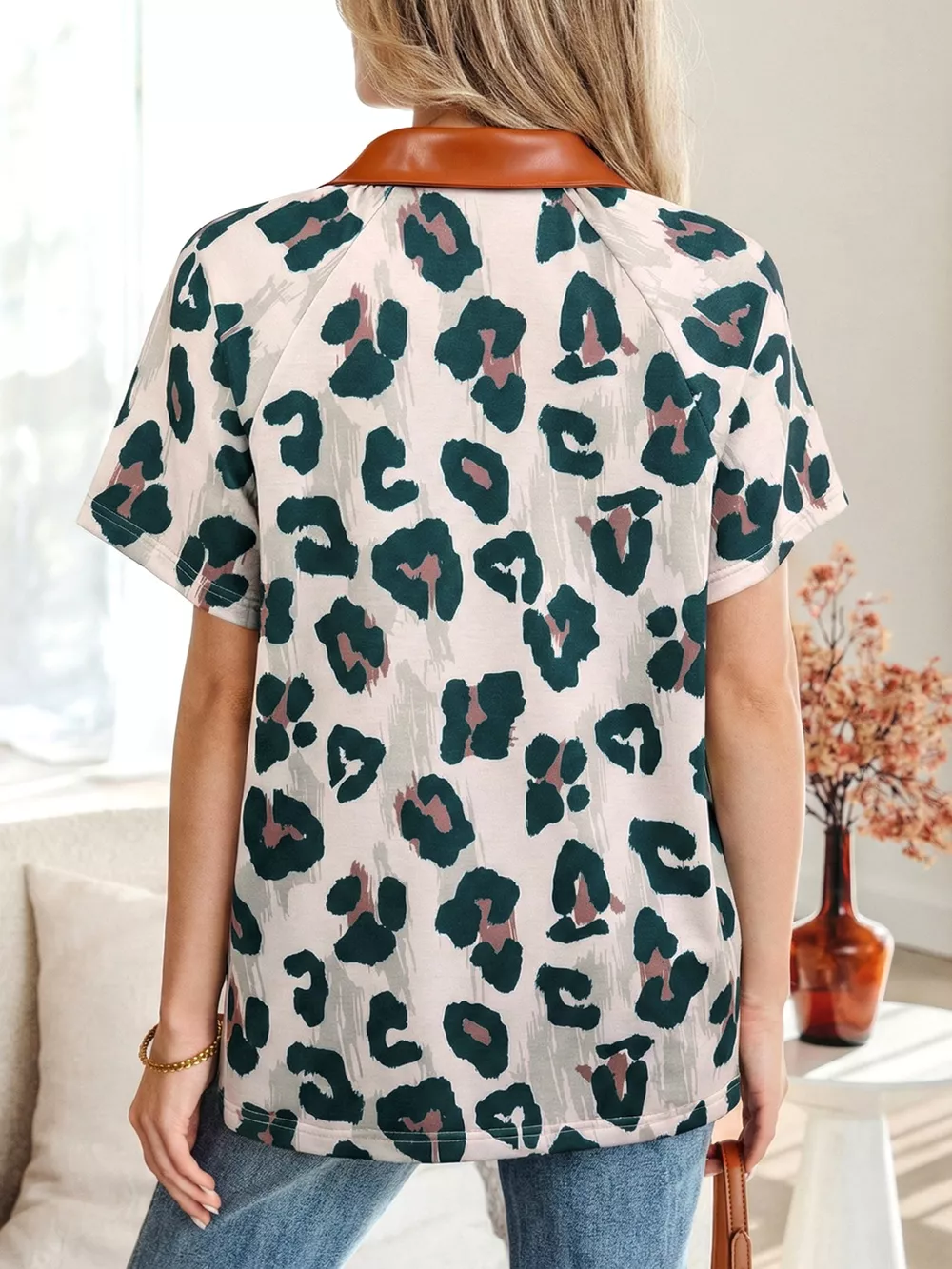 \Leopard Print Button Contrast Collared Short Sleeve Blouse, image 8