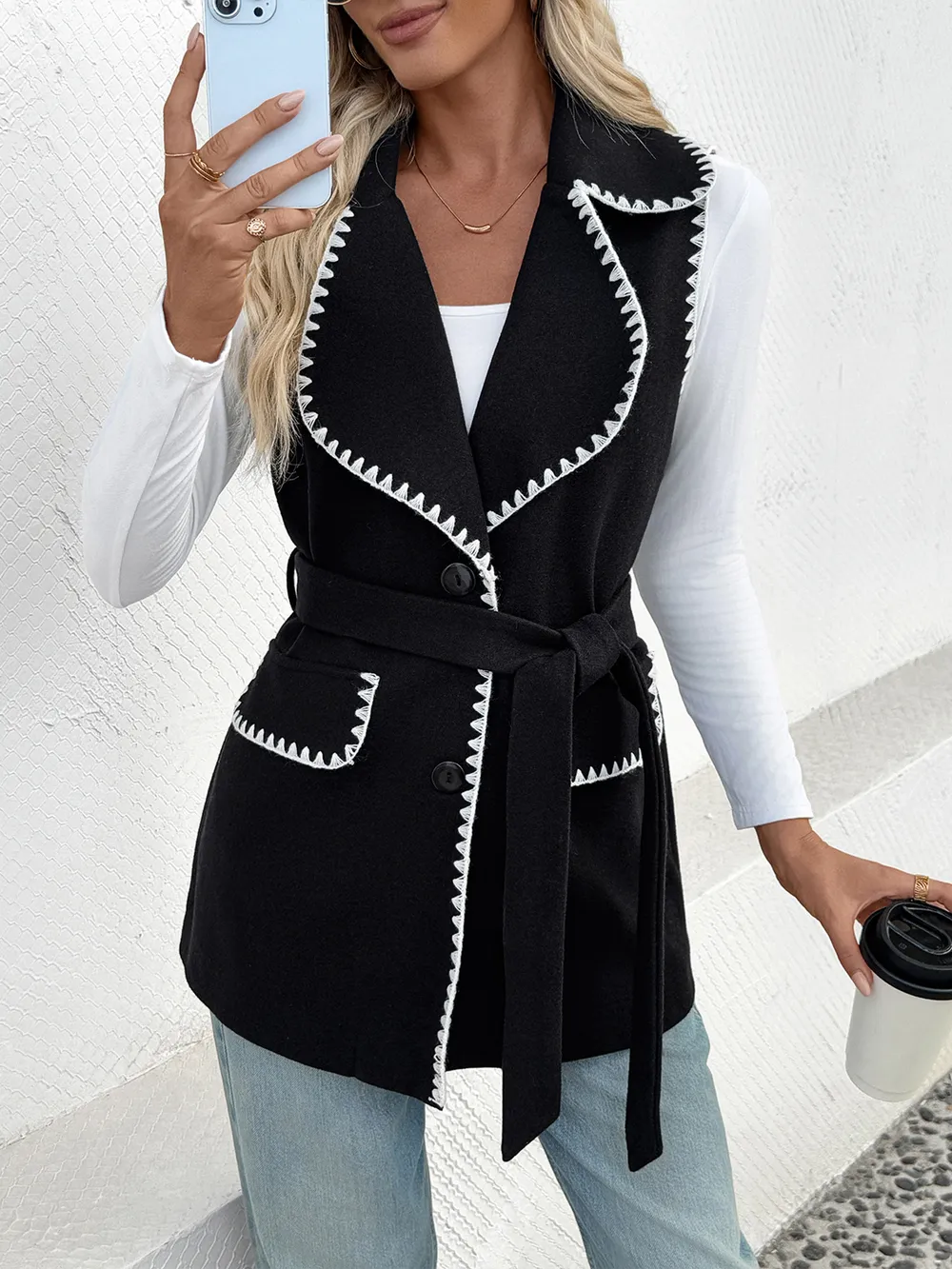 Contrast Trim Collared Neck Vest Coat, image 5