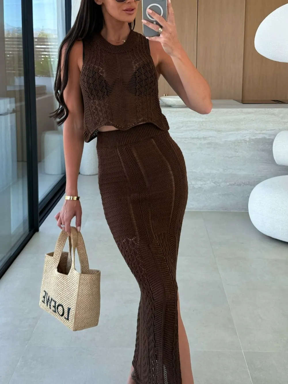 Openwork Round Neck Top and Slit Skirt Sweater Set, image 11