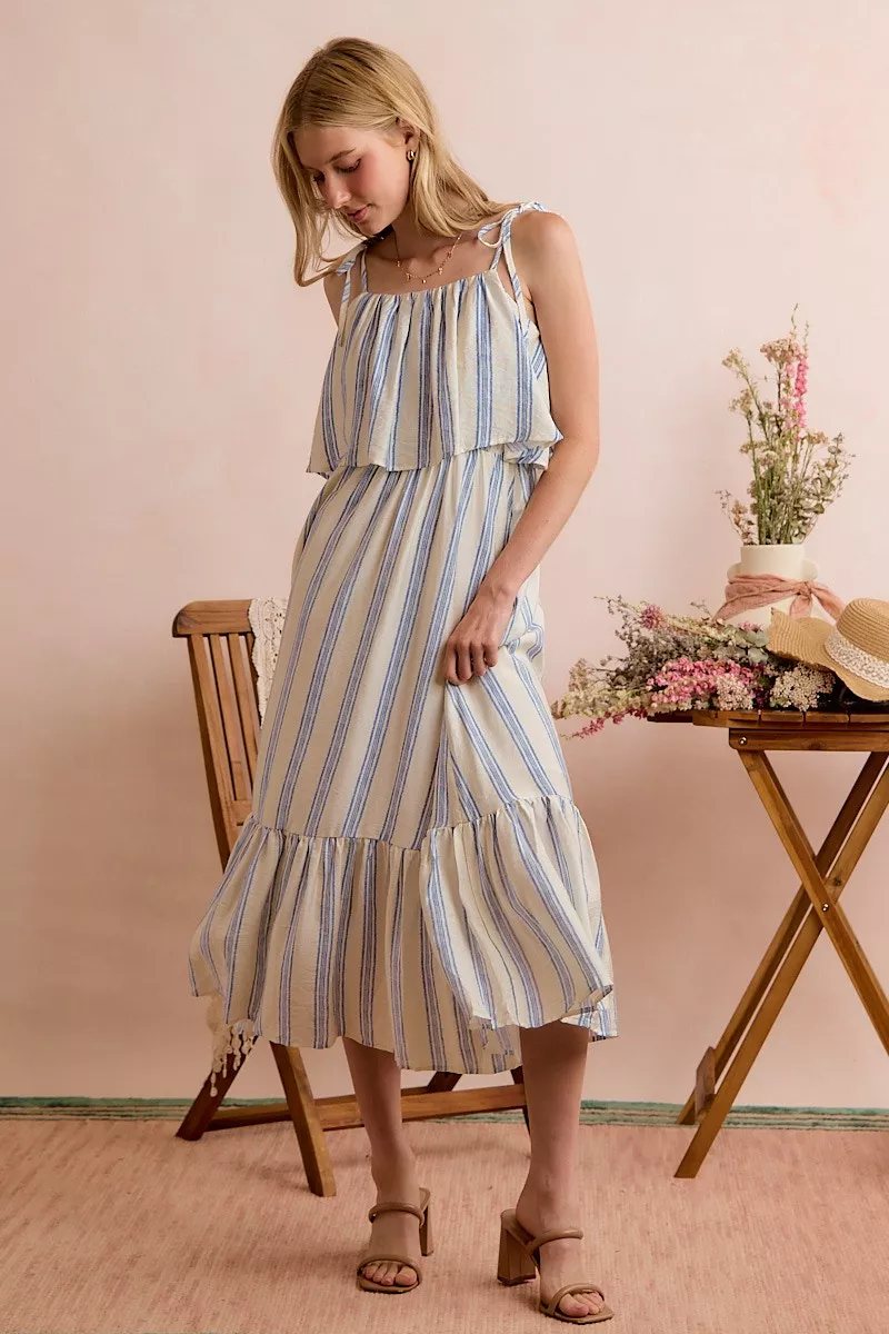 Stripe Tiered Shoulder Tie Midi Lined Dress, image 16