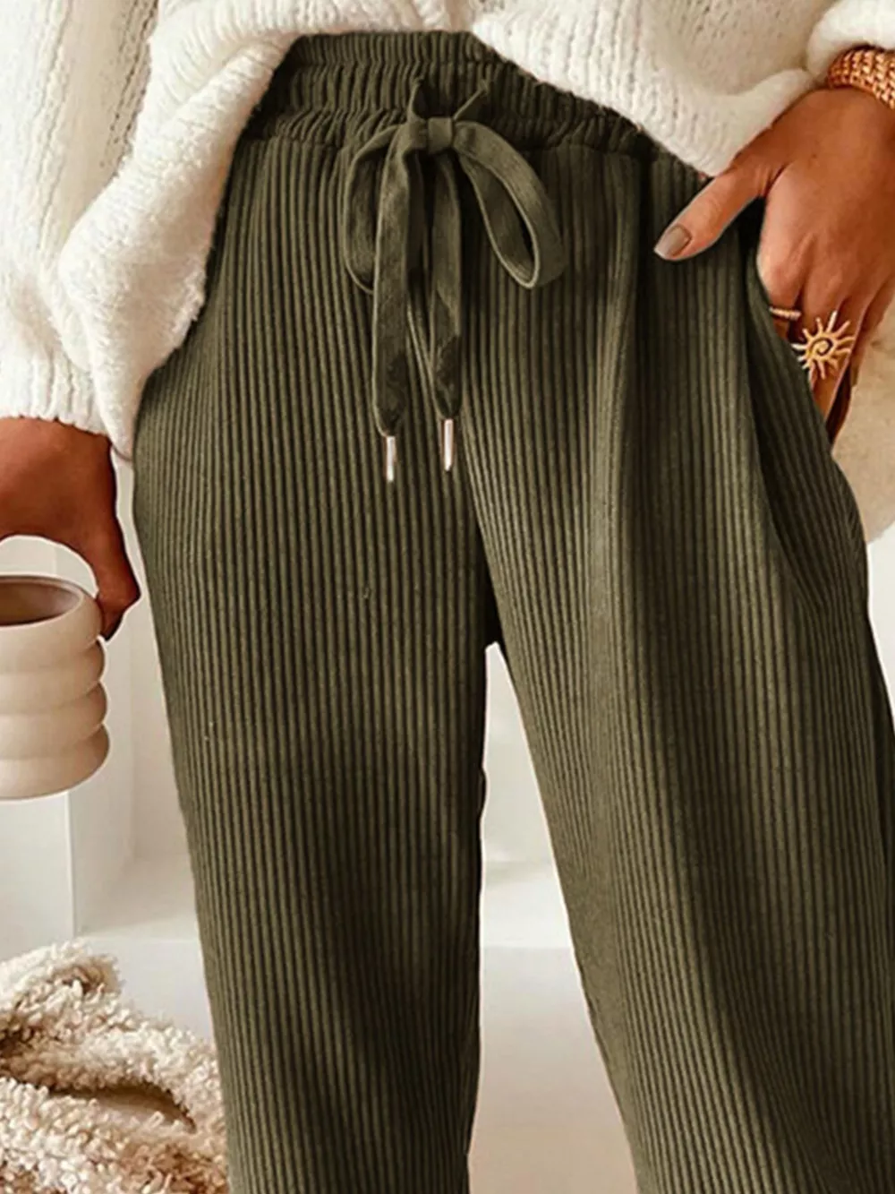 Casual Corduroy Drawstring Waist Pants, image 10