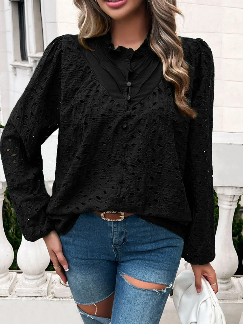 Frill Round Neck Long Sleeve Shirt, image 12
