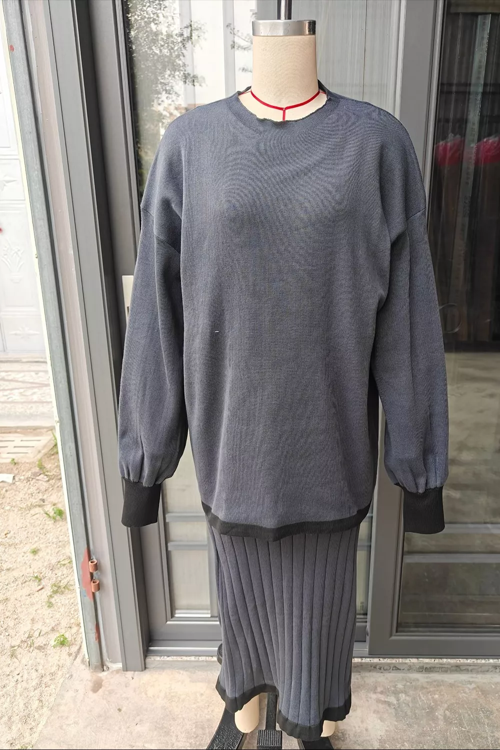 Contrast Trim Ribbed Knit Sweater and Skirt Set, image 3