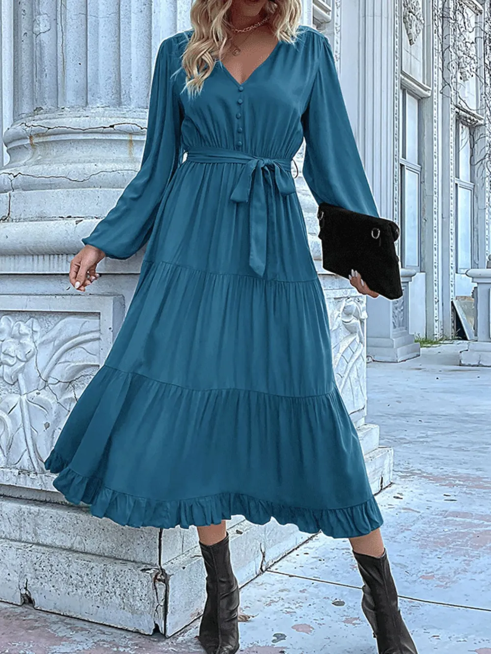 Ruffled Hem V-Neck Balloon Sleeve Dress, image 19