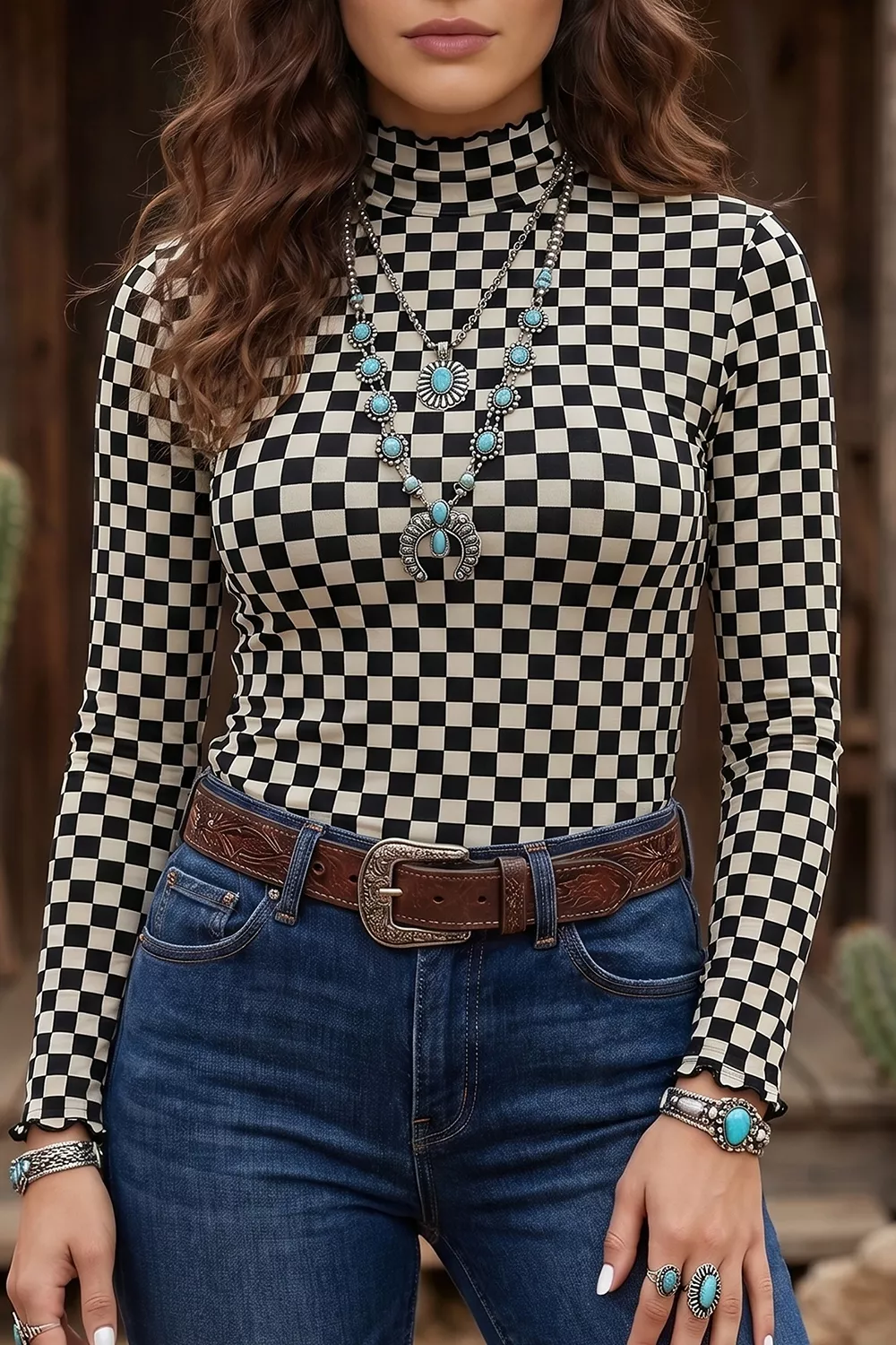 Plaid Stand Neck Long Sleeve Mesh Top, image 5