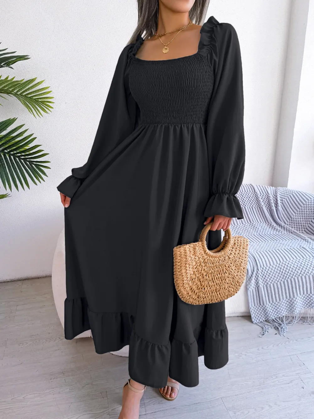 Smocked Square Neck Flounce Sleeve Dress, image 21