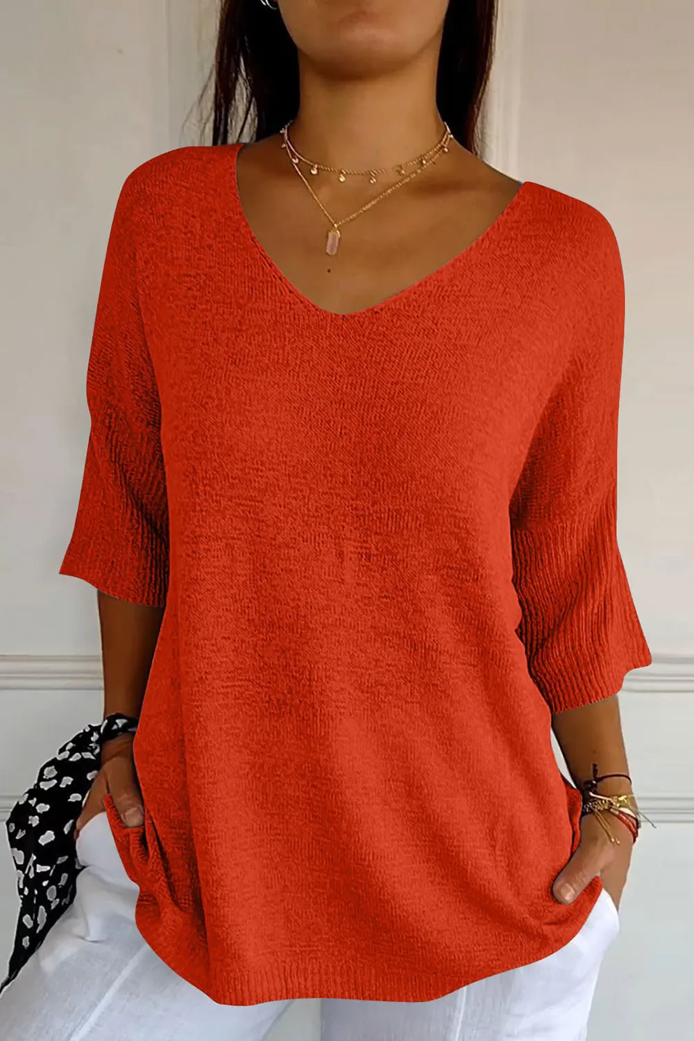V-Neck Three-Quarter Sleeve Knit Top, image 25