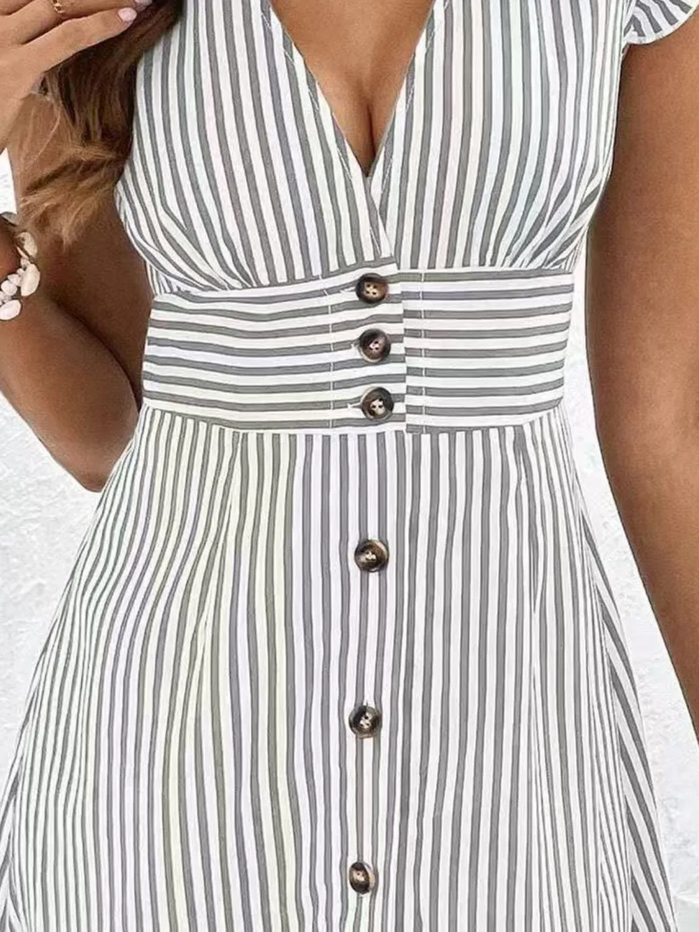 Striped Button Front Cap Sleeve Dress, image 9