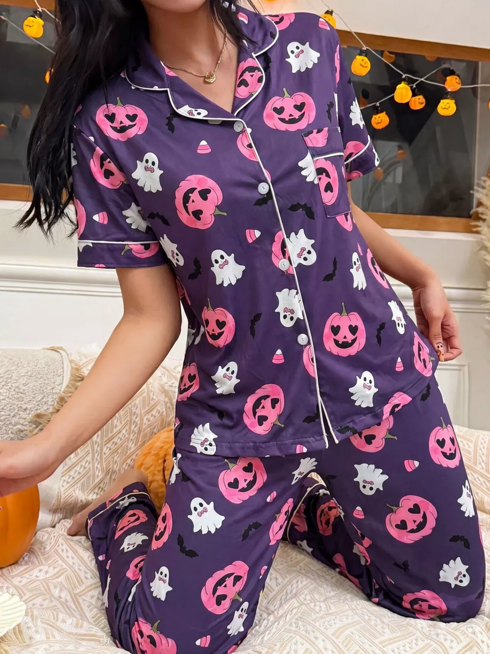 Halloween Pumpkin Print Button-Down Top and Pants Set, image 11